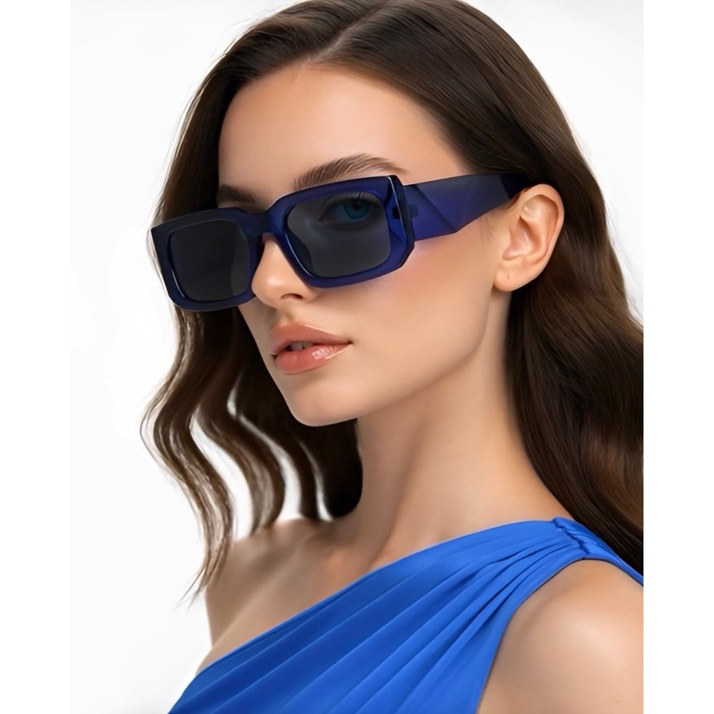 Sunglasses Women Blue Frame Square Black Lens Fashion Shades Classic Rectangular